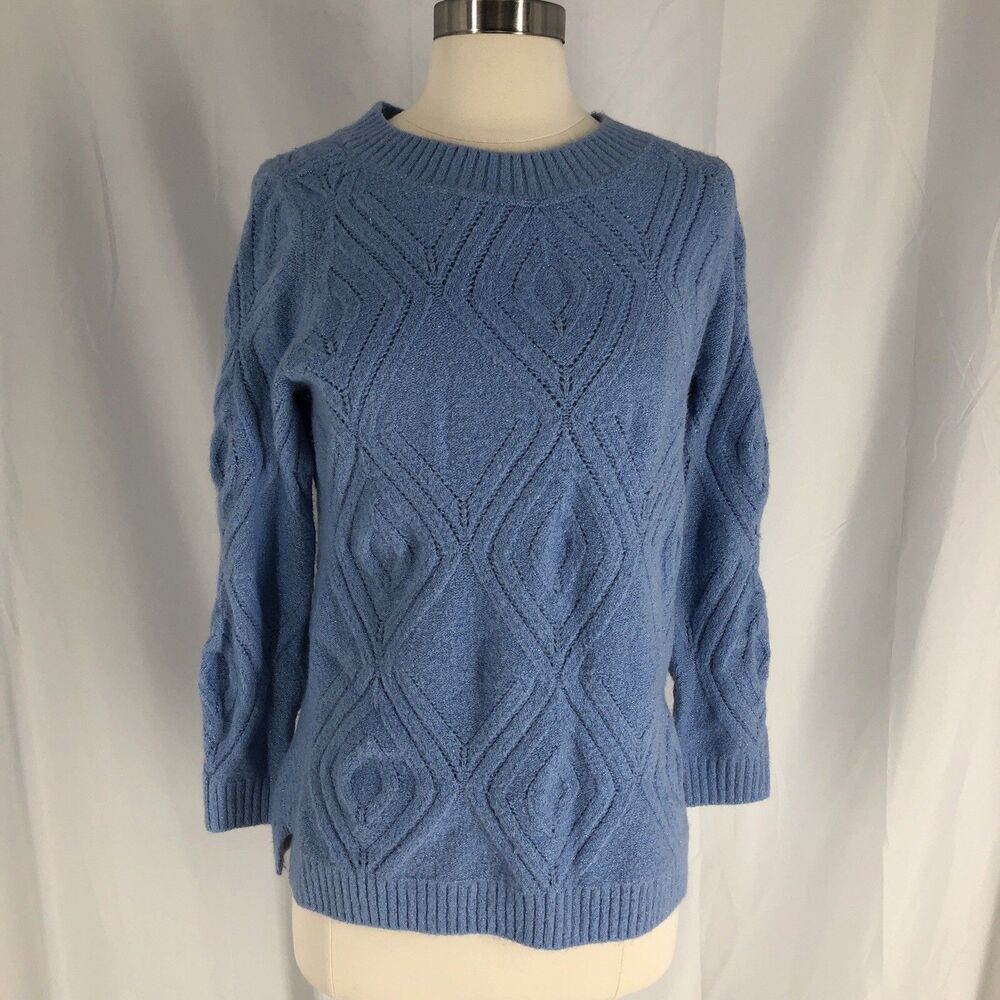 Talbots Woman Petites Medium Blue Cable Knit Crew Neck Sweater